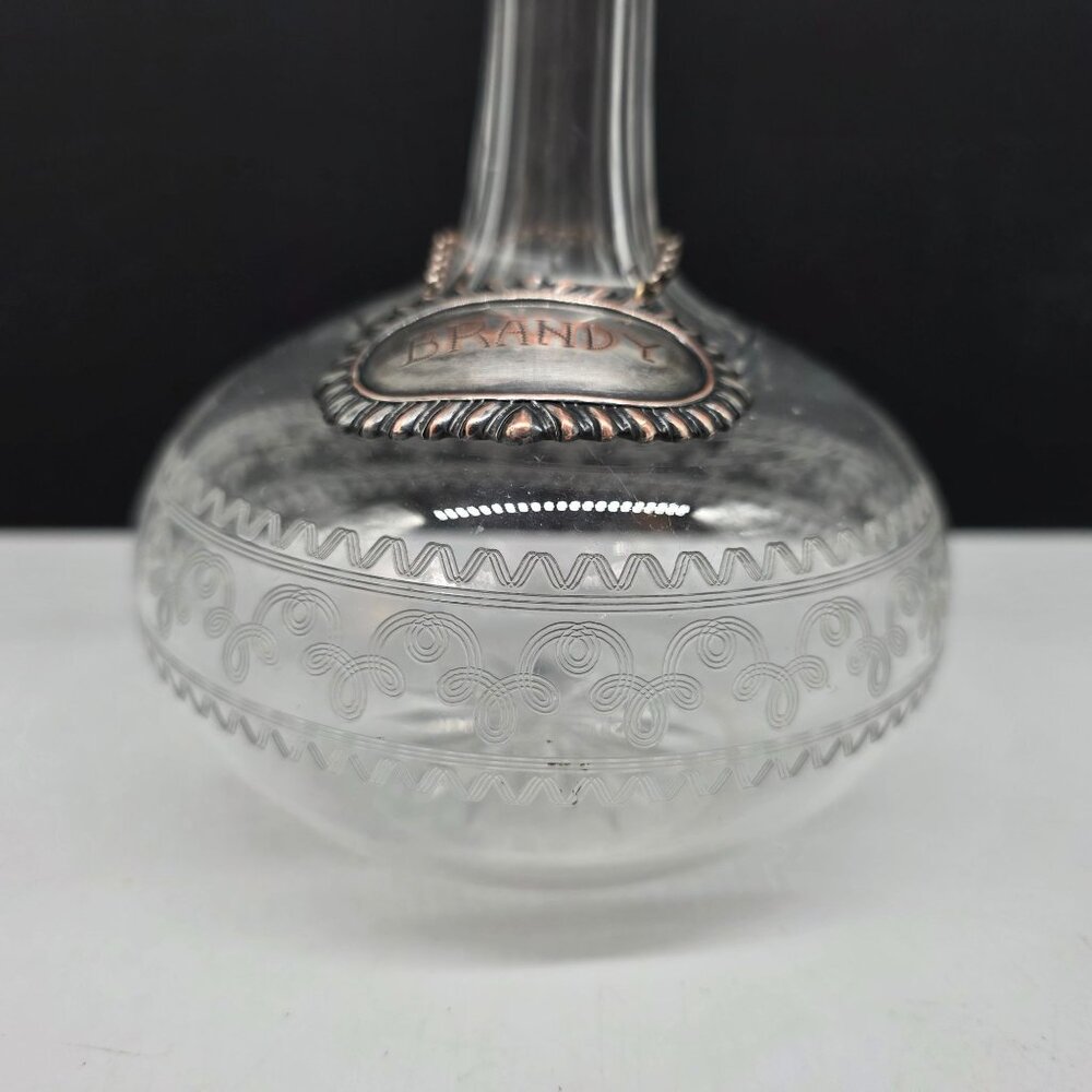 Vintage Etched Crystal Brandy Decanter With Stopper & Silver Plated Label - Picture 2 of 10
